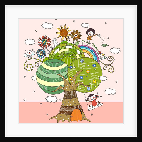 Children playing by tree by Anonymous