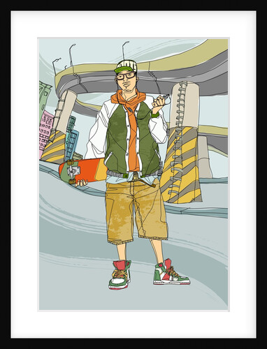 Young man holding skateboard, listening music by Anonymous