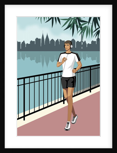 Portrait of man jogging, wearing headphones by Anonymous