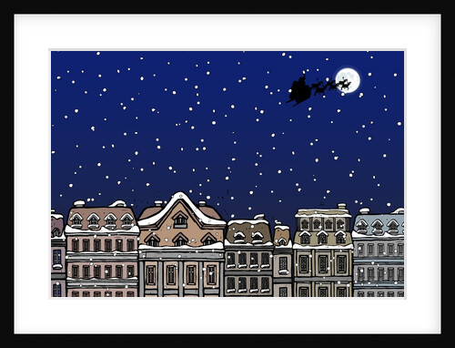 Silhouette of a Santa Claus on a sleigh flying over a city at night by Anonymous