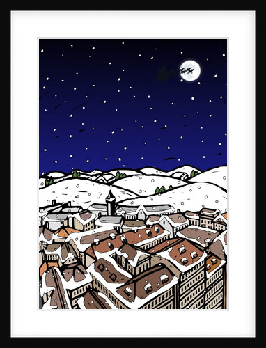 High angle view of snow covered houses in a town and silhouette of reindeers over moon in the sky at night by Anonymous