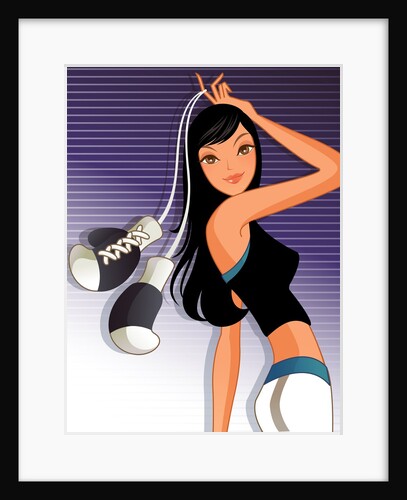 Woman holding boxing gloves against striped background by Anonymous