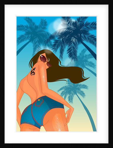 Semi-dressed woman wearing sunglasses with palm trees in background by Anonymous