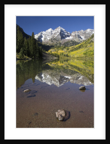 Aspens reflecting in lake under Maroon Bells, Colorado by Anonymous