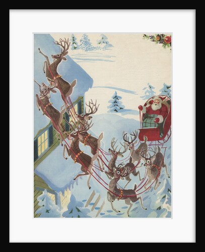 Reindeer pulling Santa Claus in sleigh by Anonymous