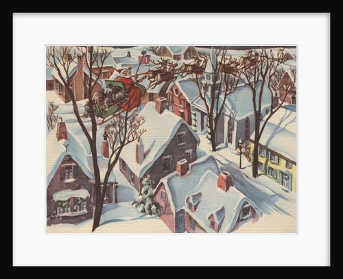 Santa Claus in sleigh flying over houses by Anonymous