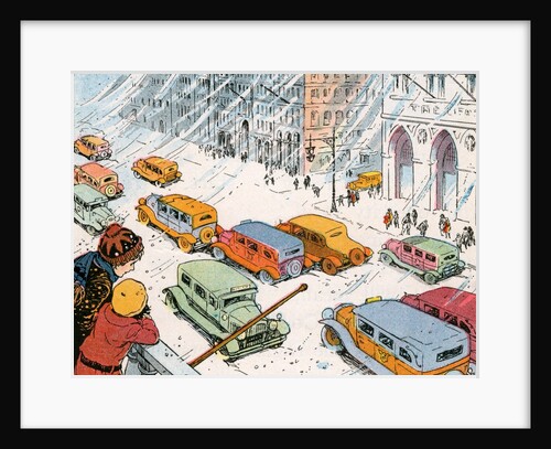 Children watching city traffic in snowstorm by Anonymous