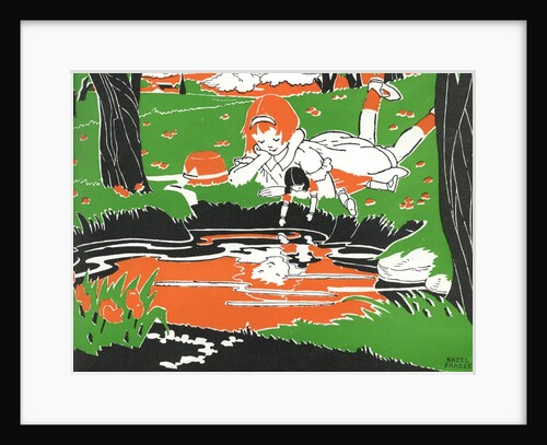 Girl with doll looking at reflection in water by Anonymous
