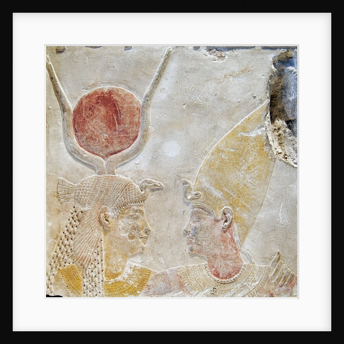 Painted limestone fragment of Isis greeting Nectanebo II by Anonymous