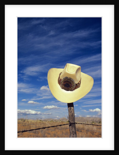 Cowboy Hat on Barbed Wire Fence, British Columbia, Canada. by Anonymous