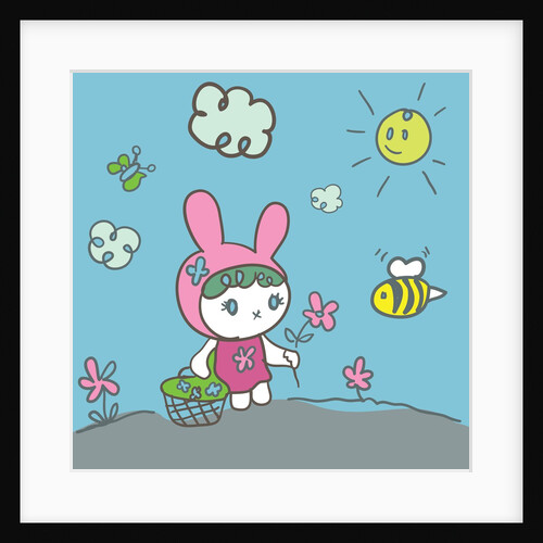 Bunny rabbit picking spring flowers by Anonymous