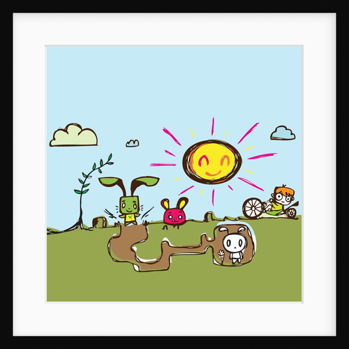 Boy riding tricycle by rabbit warren
