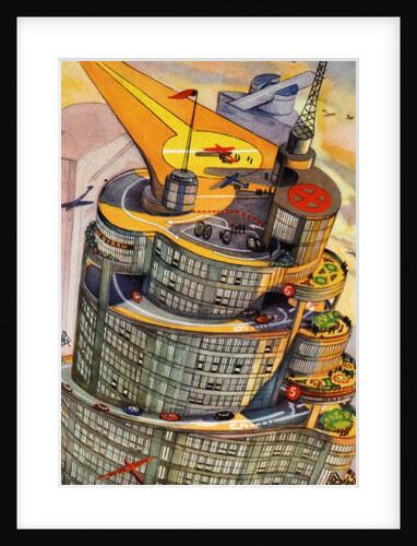 Illustration of futuristic skyscraper with rooftop airport by Anonymous