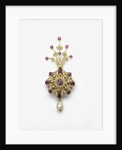 Spinel and diamond sarpesh with a natural pearl drop by Anonymous