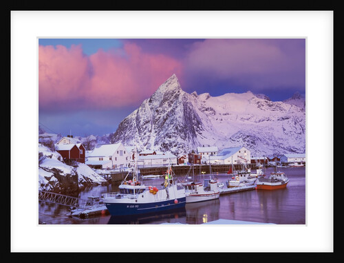 Fishing village of Hamnoy below Klokketinden peak by Anonymous