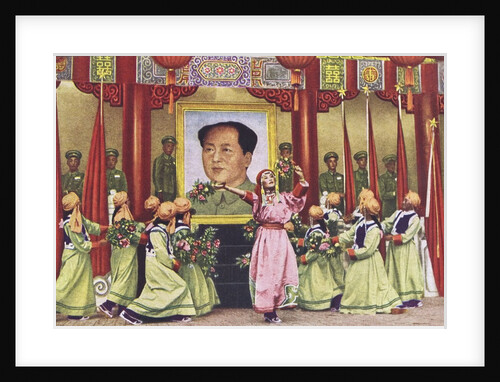 Dancers performing in front of portrait of Mao Zedong by Anonymous
