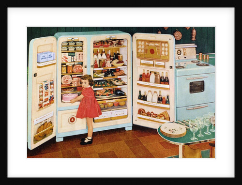 Girl standing near open refrigerator by Anonymous