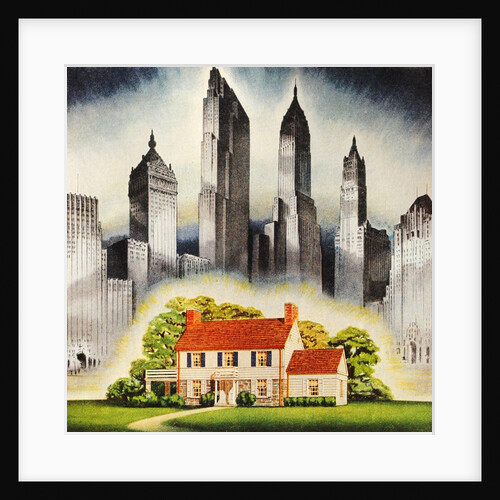 Suburban home constrasted with skyscrapers by Anonymous