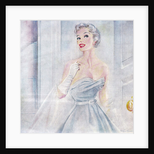 Woman wearing strapless gown and evening gloves by Anonymous