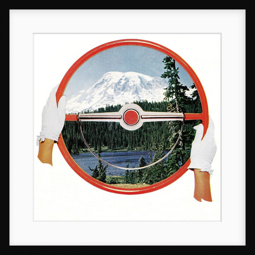 Steering wheel with image of woods and snow-covered mountain by Anonymous