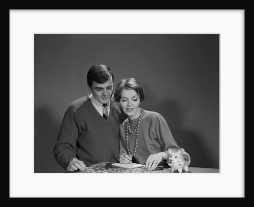 Couple counting coins from piggy bank by Anonymous