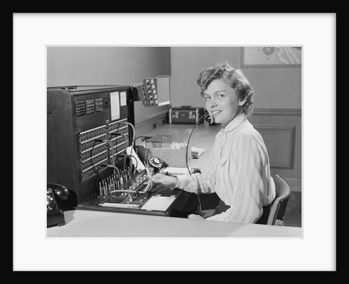 Smiling woman office telephone switchboard operator by Anonymous