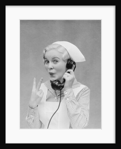 Smiling blond nurse with surprised expression talking on telephone holding up two fingers by Anonymous