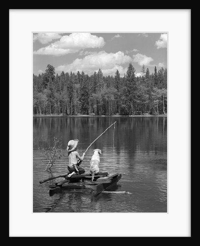 Boy huck finn style on homemade raft with dog fishing in lake by Anonymous