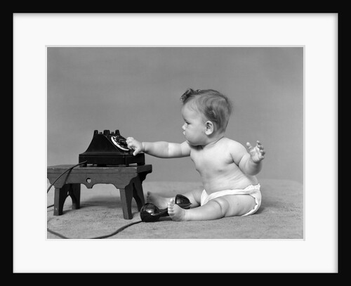 Baby in diaper dialing telephone by Anonymous