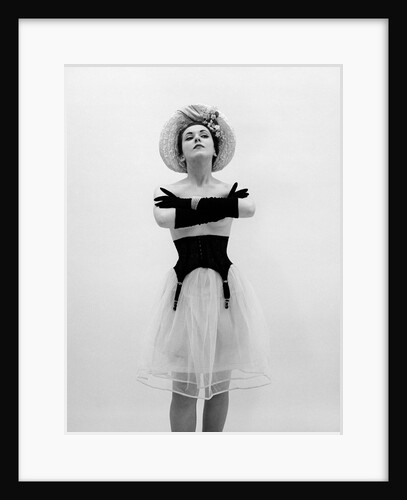 Woman topless wearing straw hat long gloves black garter belt arms folded in front by Anonymous