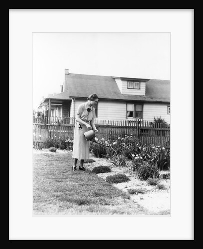 Woman watering garden with water can by Anonymous