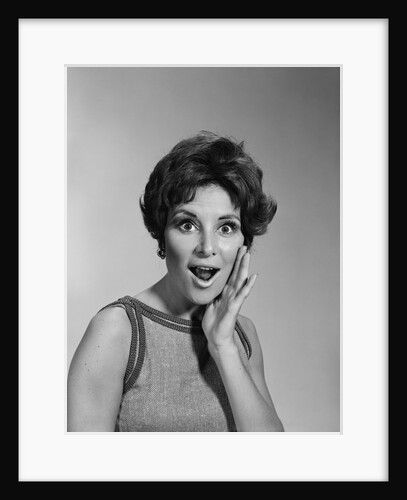 Woman mouth open wide hand to cheek shouting surprised amazed facial expression by Anonymous