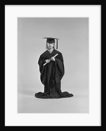 Girl wearing graduation cap gown holding diploma by Anonymous