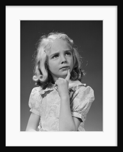 Blond girl portrait finger to chin thinking serious expression by Anonymous
