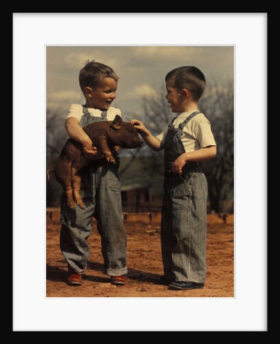 Two small boys bib overalls with piglet by Anonymous