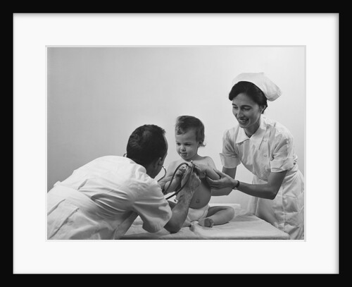 Doctor nurse examining baby chest with stethoscope by Anonymous