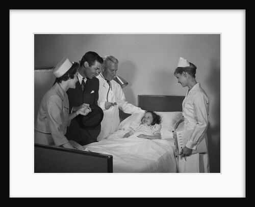 Man doctor woman nurse mother father seeing visiting smiling little girl patient in hospital bed by Anonymous