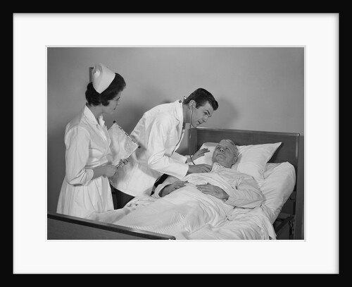 Doctor and nurse checking on elderly male patient in hospital bed by Anonymous