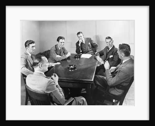 6 businessmen meeting in boardroom around table with ashtrays by Anonymous