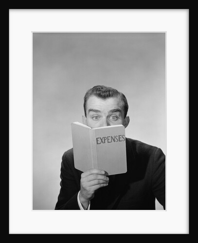 Man wide open eyes looking into expenses book hiding his lower face by Anonymous