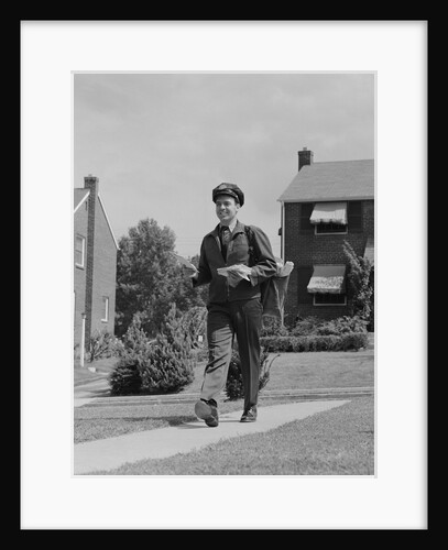 Postal mailman walking suburban street wearing uniform delivering mail by Anonymous