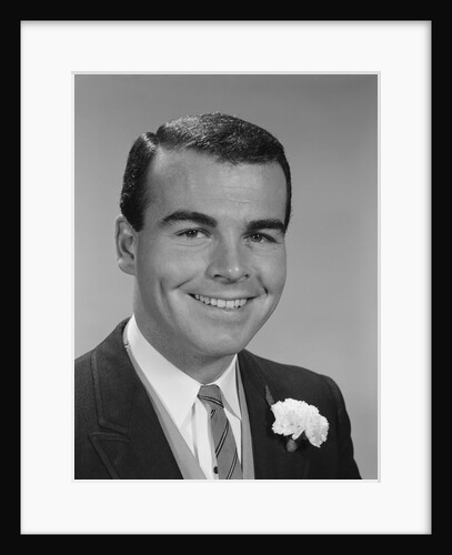 Smiling young man formal attire boutonniere in lapel bridegroom groom by Anonymous
