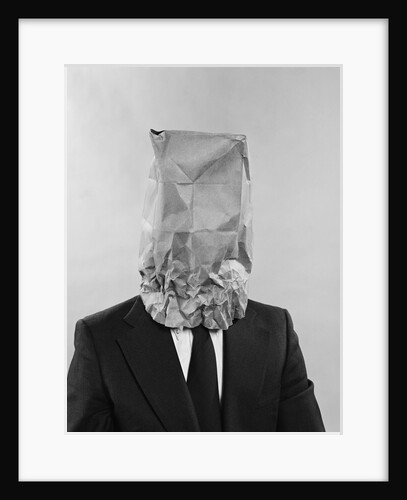 Man business suit paper bag over his head by Anonymous