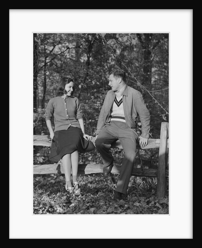 Young couple sitting on fence autumn smiling at one another by Anonymous