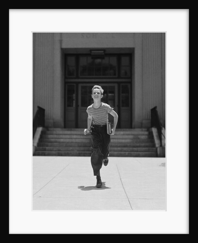 Boy running from school carrying books by Anonymous