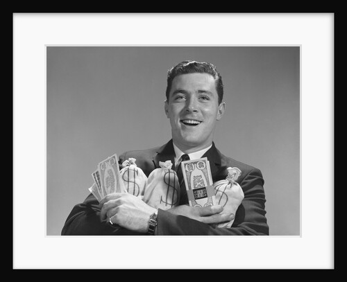 Smiling man holding money bags and bundles of cash by Anonymous