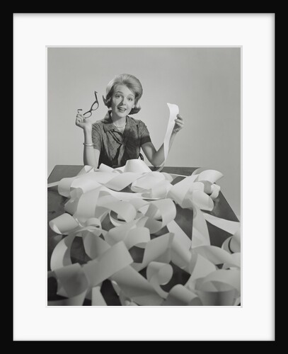 Woman holding eyeglasses and end of extremely long tape from office machine by Anonymous