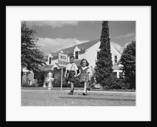 Boy girl holding hands crossing street going to school watch children sign by Anonymous