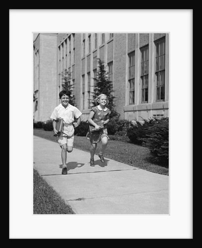 Boy girl running down sidewalk carrying school books smiling by Anonymous