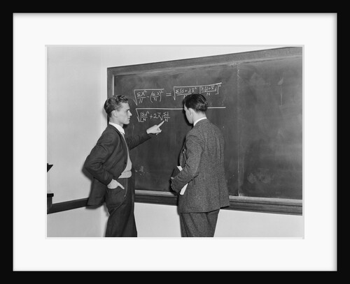 2 students professors mathematicians blackboard studying complex equations by Anonymous